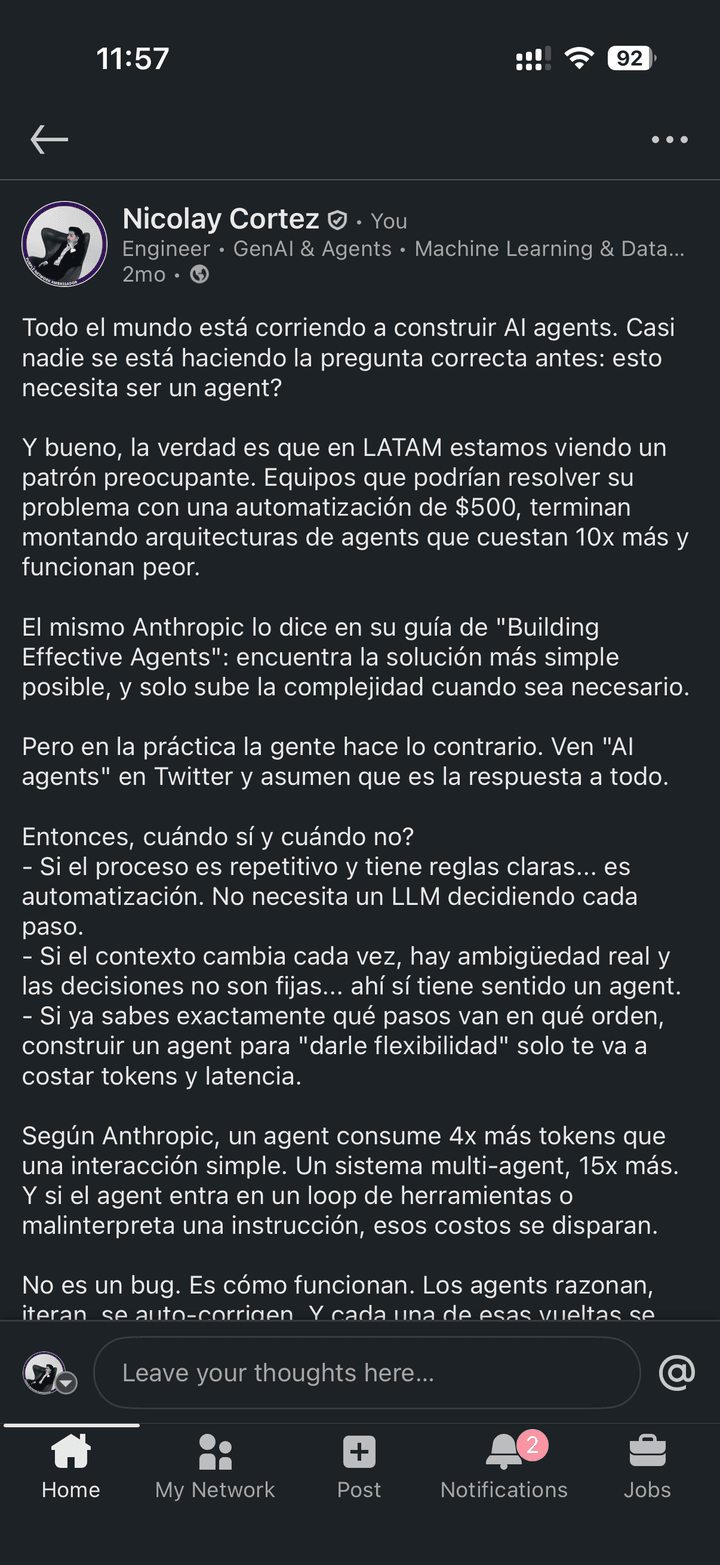 Post de LinkedIn de Nicolay Cortez sobre cuándo un problema necesita un AI agent y cuándo no