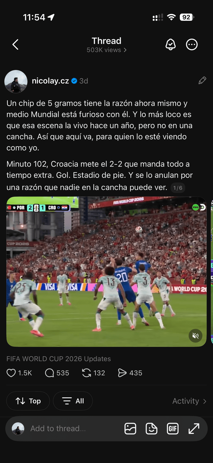 Post de Threads de @nicolay.cz sobre el gol anulado a Croacia y la tecnología del balón, con 503 mil views